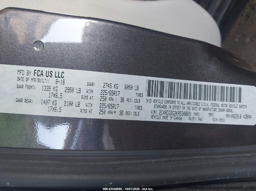 2019 Dodge Grand Caravan Se VIN: 2C4RDGBG2KR530803 Lot: 43348558