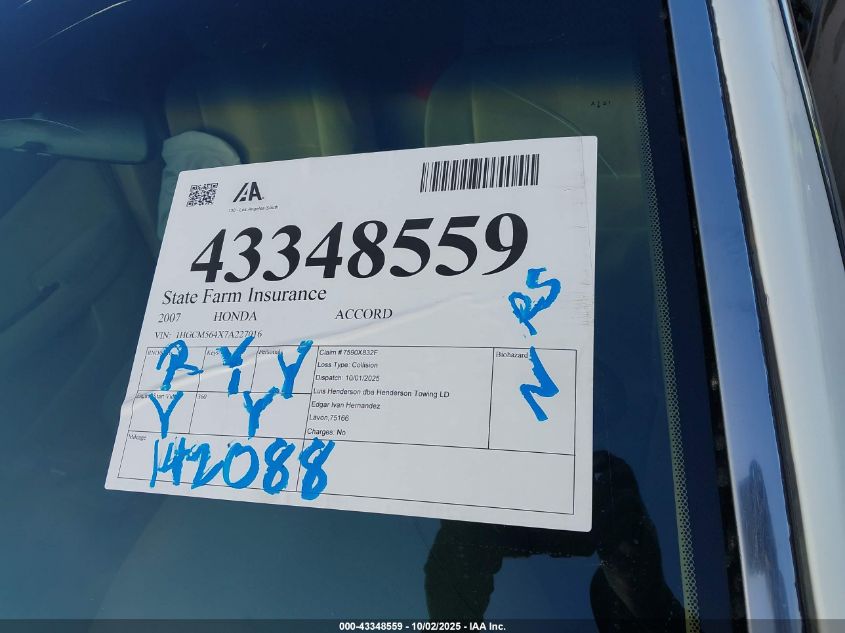 2007 Honda Accord 2.4 Lx VIN: 1HGCM564X7A227016 Lot: 43348559