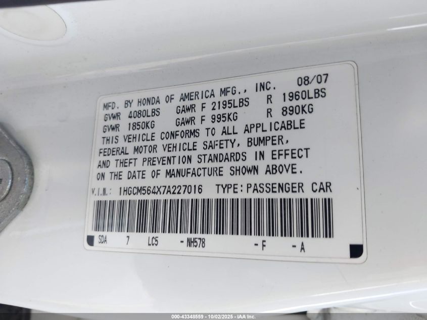 2007 Honda Accord 2.4 Lx VIN: 1HGCM564X7A227016 Lot: 43348559