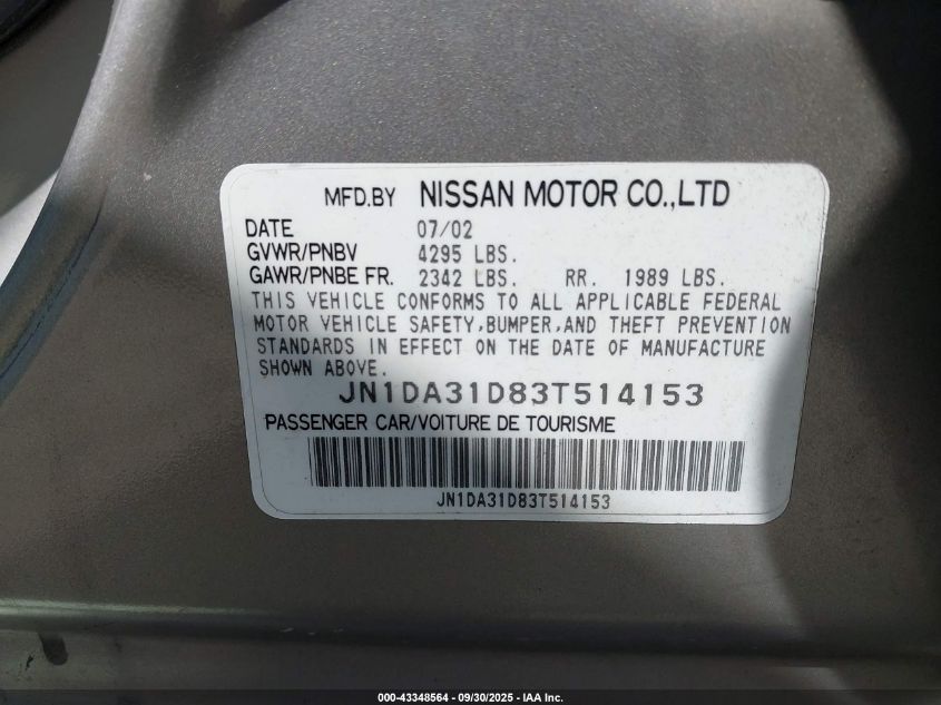 2003 Nissan Maxima Gxe VIN: JN1DA31D83T514153 Lot: 43348564