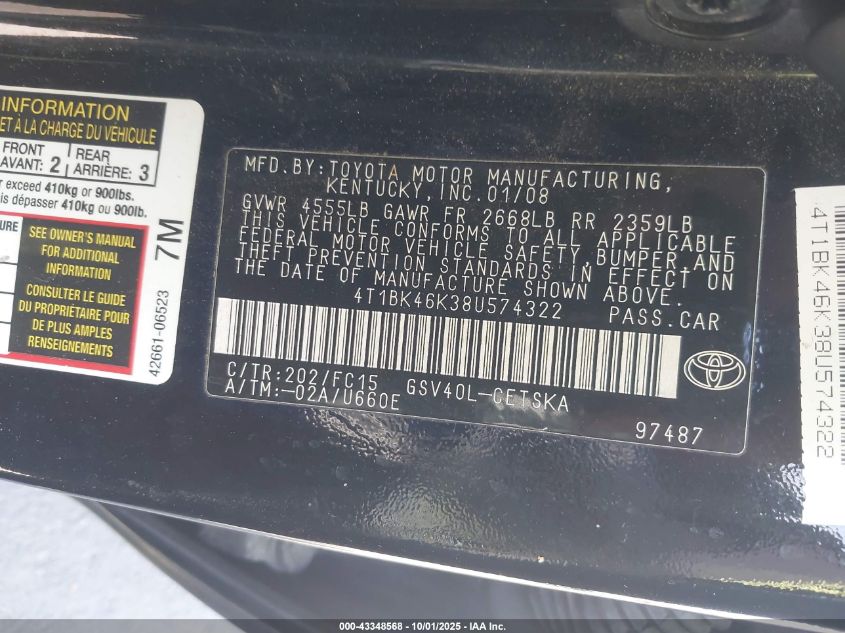 2008 Toyota Camry Se V6 VIN: 4T1BK46K38U574322 Lot: 43348568