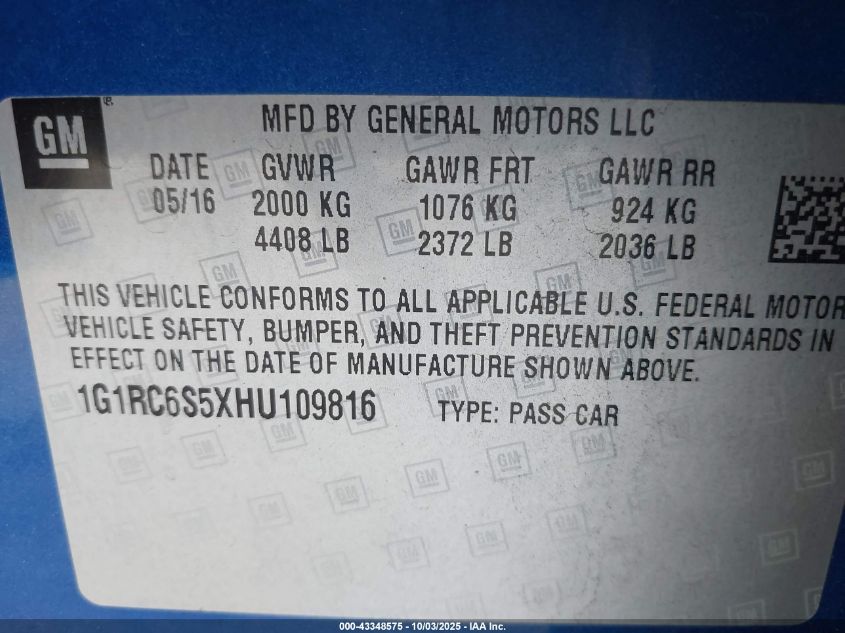 2017 Chevrolet Volt Lt VIN: 1G1RC6S5XHU109816 Lot: 43348575