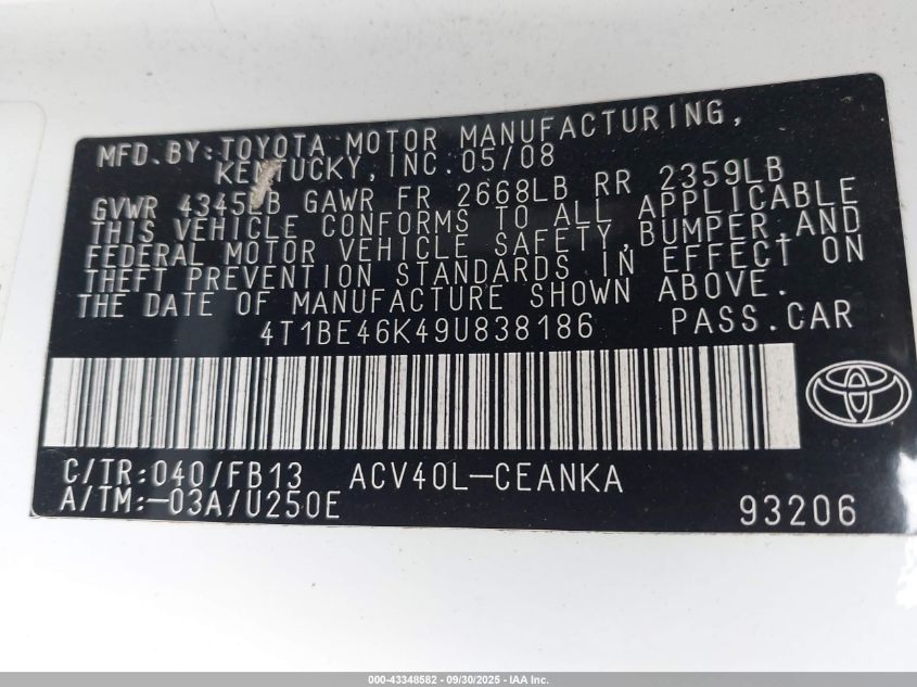 2009 Toyota Camry VIN: 4T1BE46K49U838186 Lot: 43348582