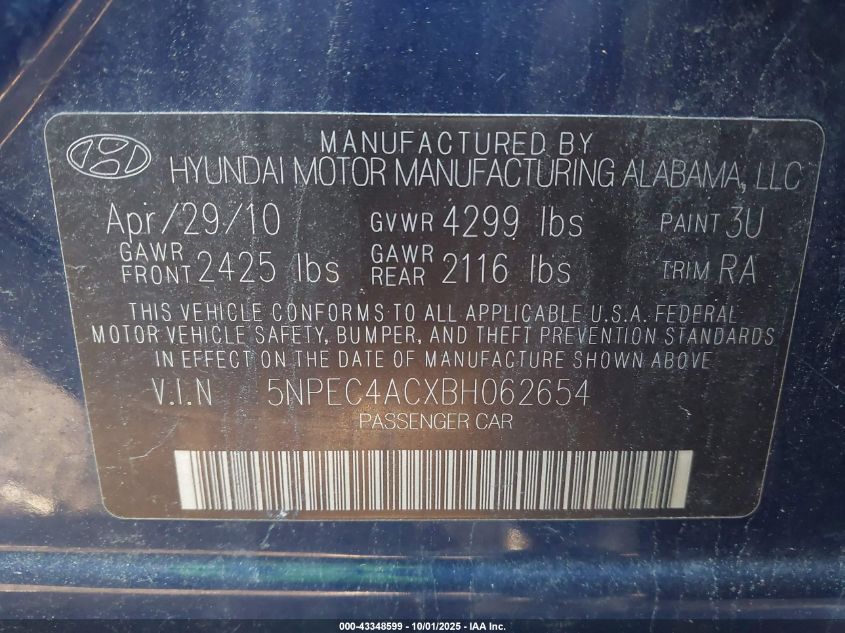 2011 Hyundai Sonata Se VIN: 5NPEC4ACXBH062654 Lot: 43348599