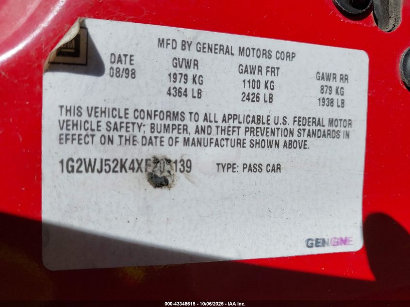 1999 Pontiac Grand Prix Se VIN: 1G2WJ52K4XF205139 Lot: 43348615