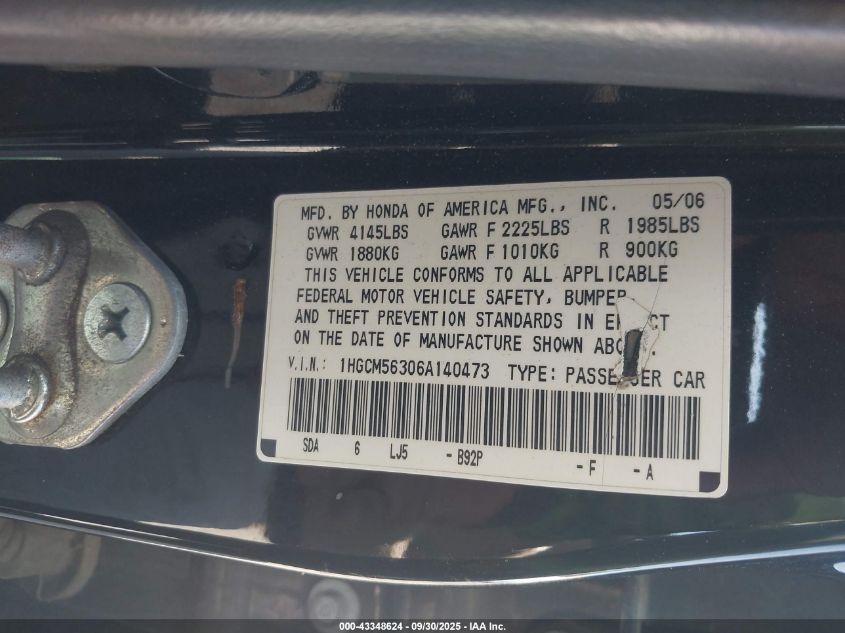 2006 Honda Accord 2.4 Se VIN: 1HGCM56306A140473 Lot: 43348624