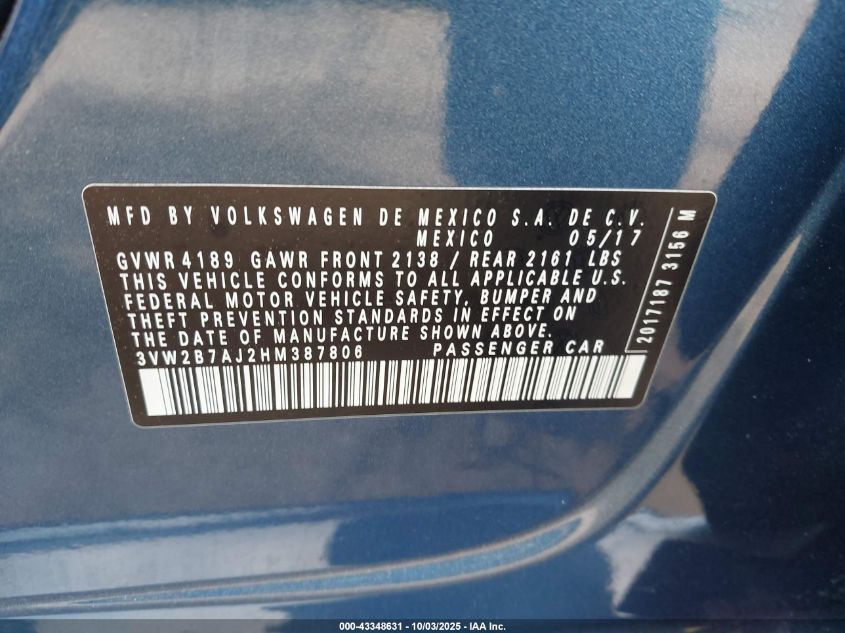 2017 Volkswagen Jetta 1.4T S VIN: 3VW2B7AJ2HM387806 Lot: 43348631