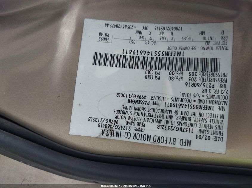 2004 Mercury Sable Ls Premium VIN: 1MEFM55S14A619811 Lot: 43348637