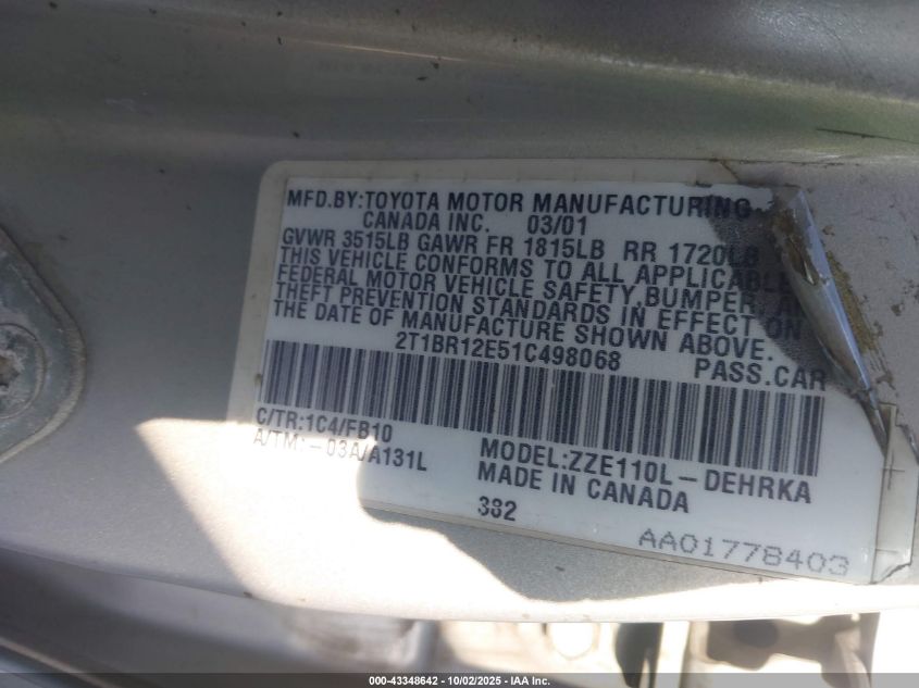 2001 Toyota Corolla Ce VIN: 2T1BR12E51C498068 Lot: 43348642