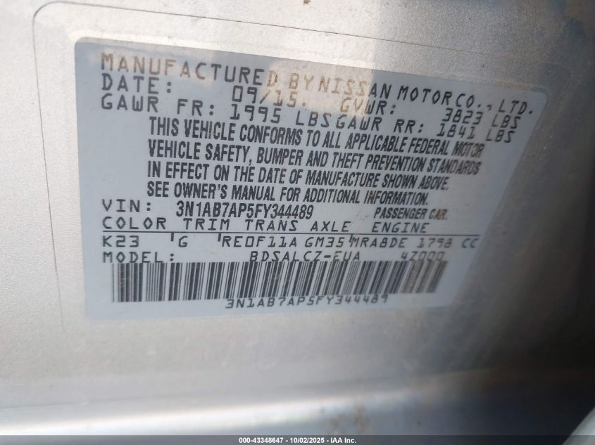 2015 Nissan Sentra S VIN: 3N1AB7AP5FY344489 Lot: 43348647