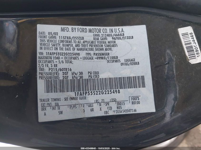 2002 Ford Taurus Ses VIN: 1FAFP55S22G225498 Lot: 43348648