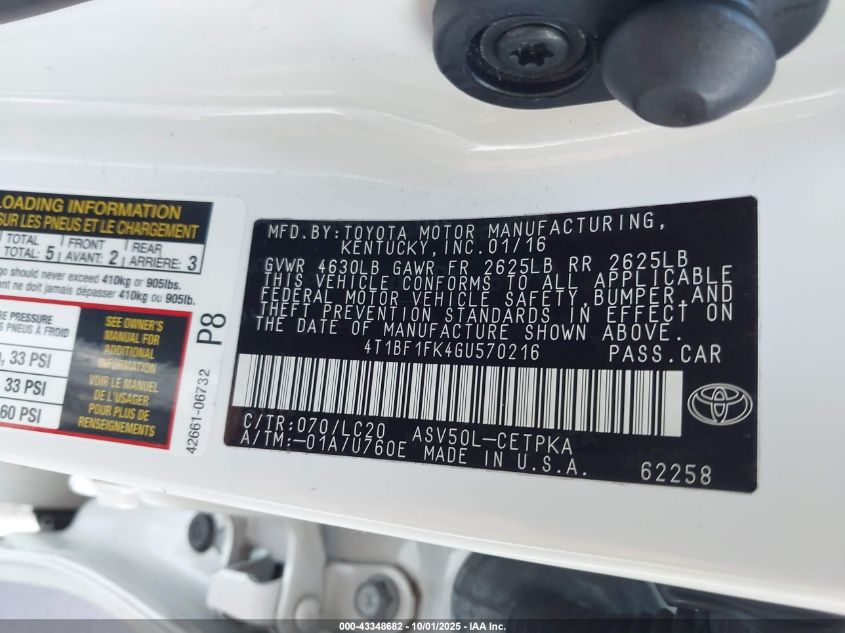 2016 Toyota Camry Xse VIN: 4T1BF1FK4GU570216 Lot: 43348682