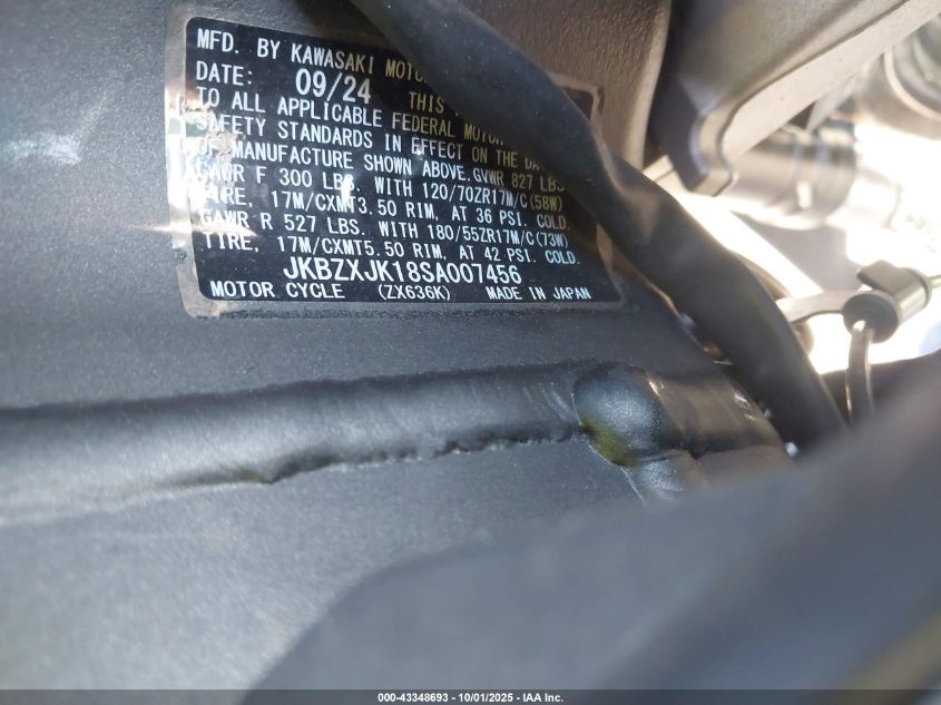 2025 Kawasaki Zx636 K VIN: JKBZXJK18SA007456 Lot: 43348693