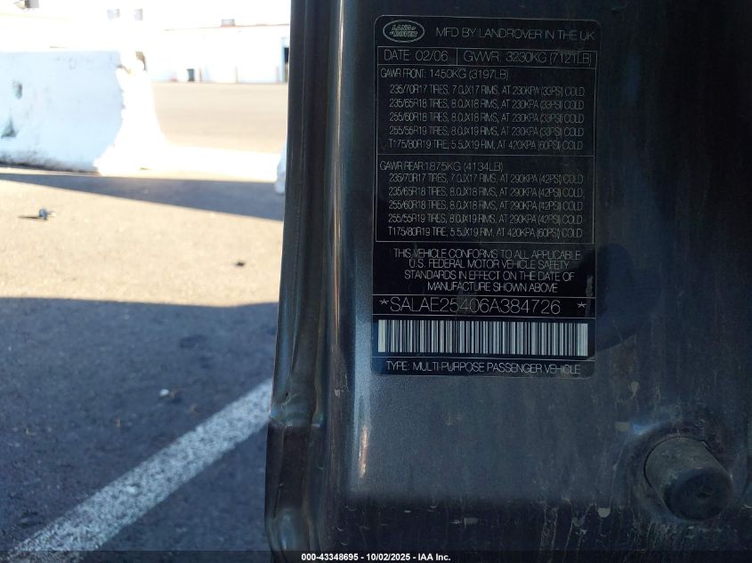 2006 Land Rover Lr3 V8 Se VIN: SALAE25406A384726 Lot: 43348695