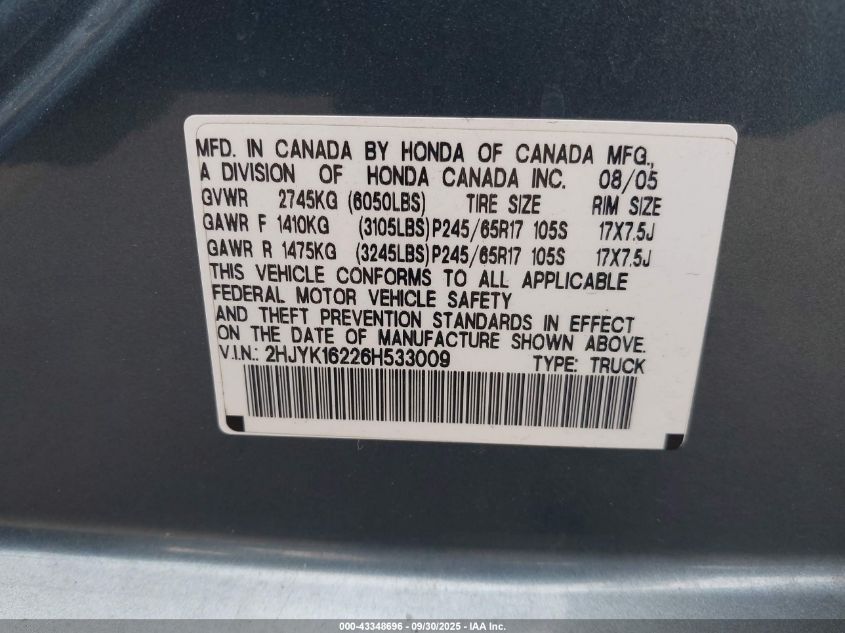 2006 Honda Ridgeline Rt VIN: 2HJYK16226H533009 Lot: 43348696