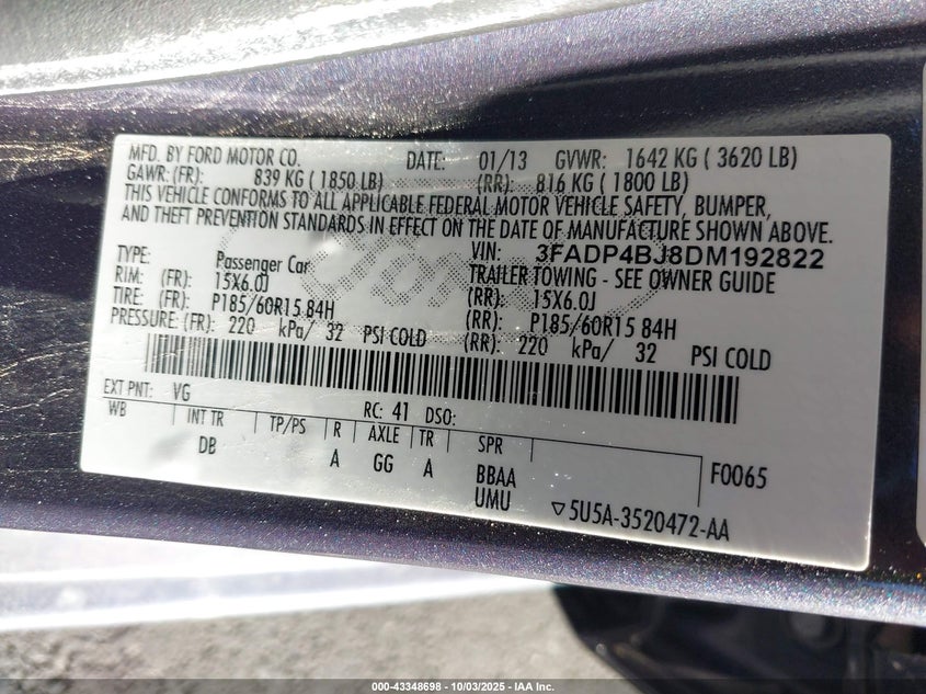 2013 FORD FIESTA SE 3FADP4BJ8DM192822