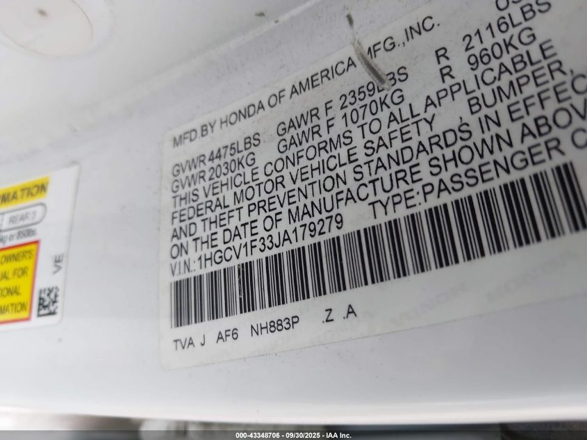 2018 Honda Accord Sport VIN: 1HGCV1F33JA179279 Lot: 43348706