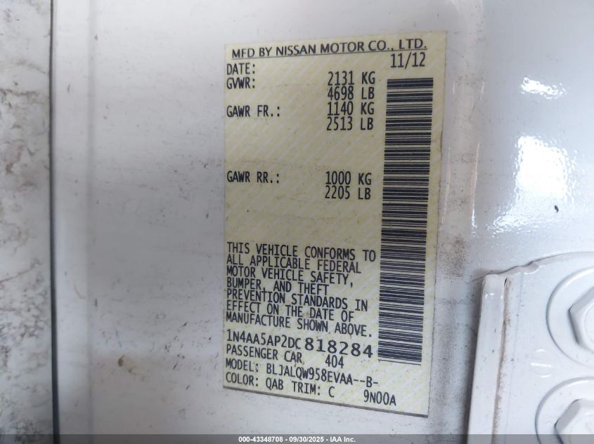 2013 Nissan Maxima 3.5 S VIN: 1N4AA5AP2DC818284 Lot: 43348708