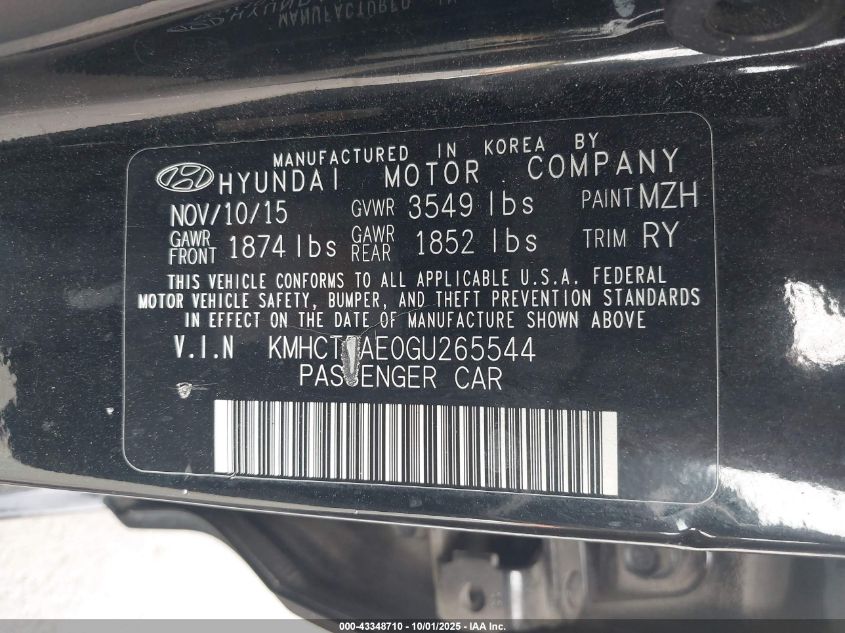 2016 Hyundai Accent Se VIN: KMHCT5AE0GU265544 Lot: 43348710