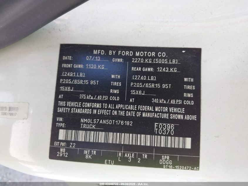 2013 Ford Transit Connect Xl VIN: NM0LS7AN5DT176182 Lot: 43348722