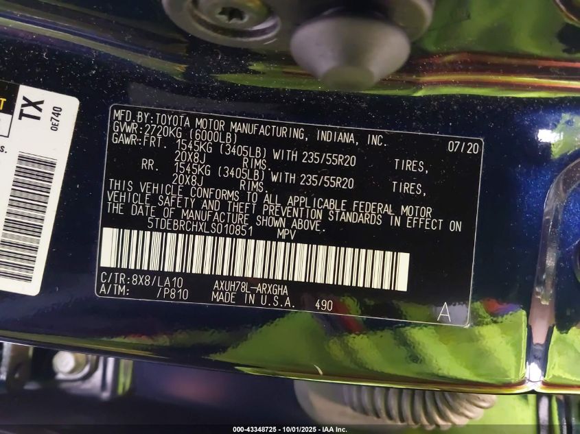 2020 Toyota Highlander Hybrid Platinum VIN: 5TDEBRCHXLS010851 Lot: 43348725