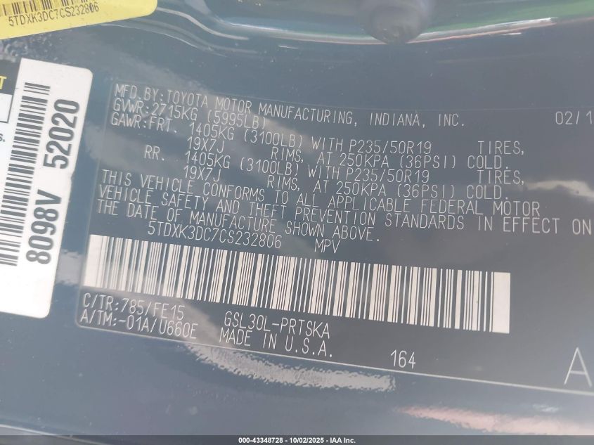 2012 Toyota Sienna Se 8 Passenger VIN: 5TDXK3DC7CS232806 Lot: 43348728