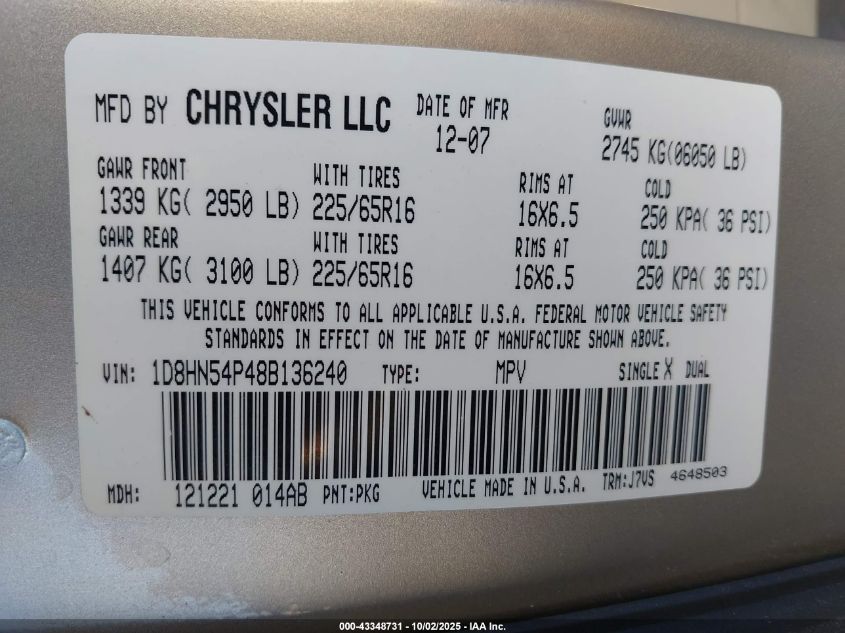 2008 Dodge Grand Caravan Sxt VIN: 1D8HN54P48B136240 Lot: 43348731