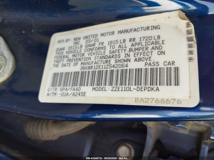 2001 Toyota Corolla Le VIN: 1NXBR12E11Z542064 Lot: 43348732