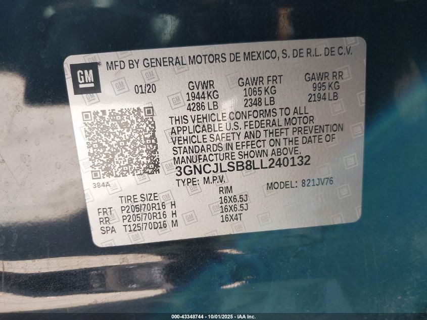 2020 Chevrolet Trax Fwd Lt VIN: 3GNCJLSB8LL240132 Lot: 43348744