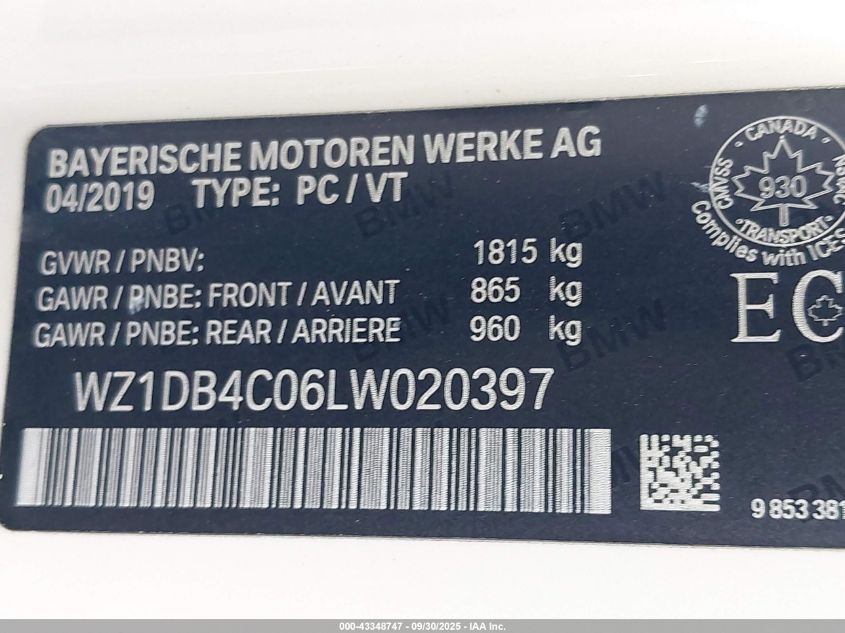 2020 Toyota Gr Supra VIN: WZ1DB4C06LW020397 Lot: 43348747