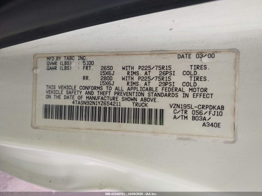 2000 Toyota Tacoma Prerunner V6 VIN: 4TASN92N1YZ654211 Lot: 43348751