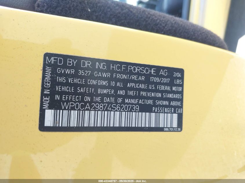 2004 Porsche Boxster VIN: WP0CA29874S620739 Lot: 43348757