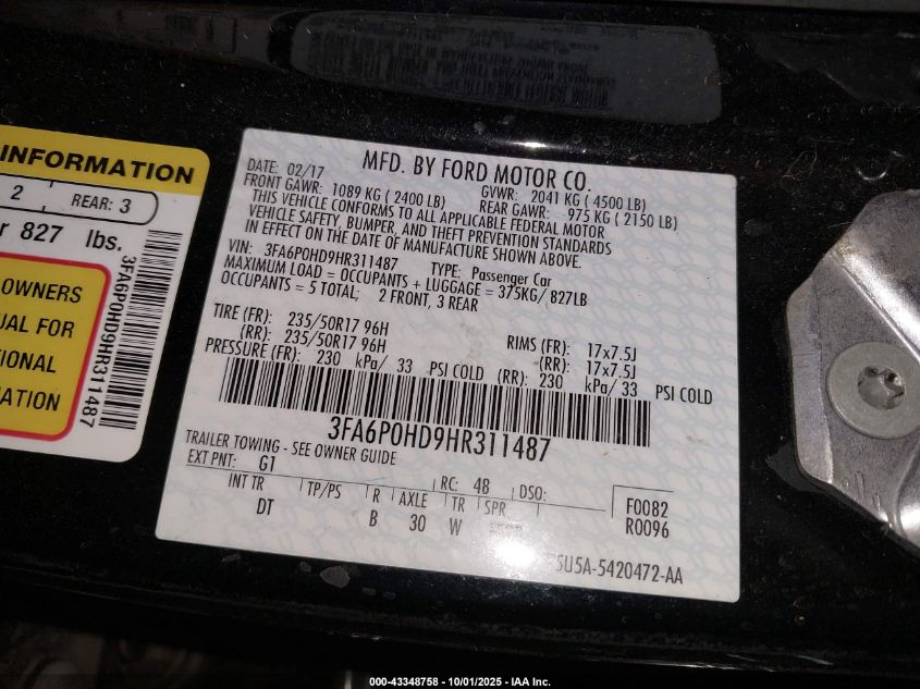 2017 Ford Fusion Se VIN: 3FA6P0HD9HR311487 Lot: 43348758