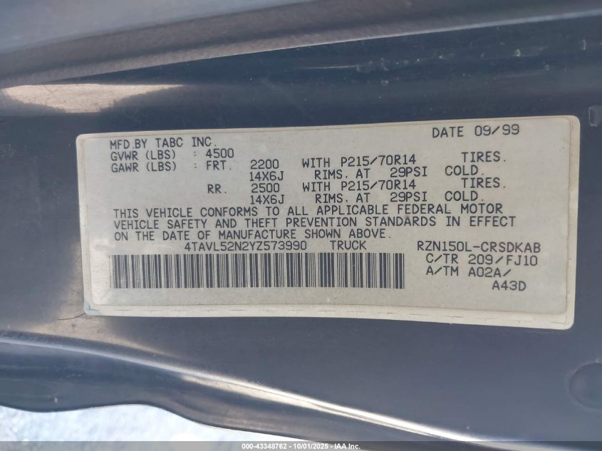 2000 Toyota Tacoma VIN: 4TAVL52N2YZ573990 Lot: 43348762