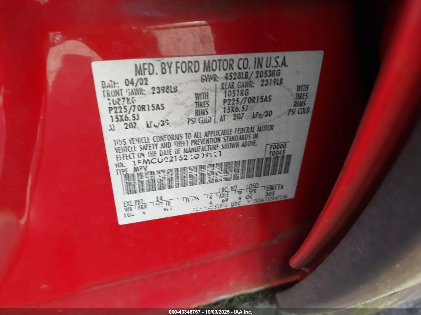 2002 Ford Escape Xls VIN: 1FMCU02162KD09921 Lot: 43348767