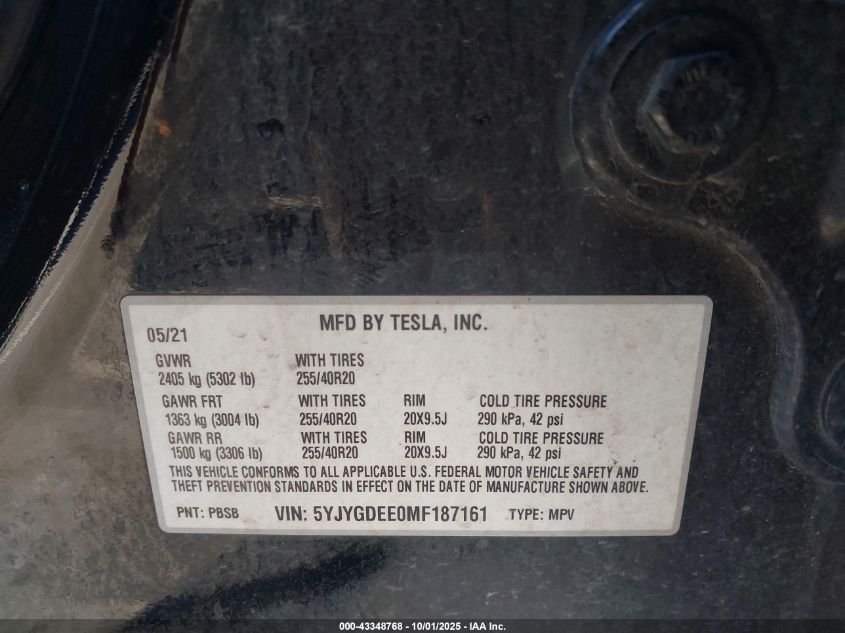 2021 Tesla Model Y Long Range Dual Motor All-Wheel Drive VIN: 5YJYGDEE0MF187161 Lot: 43348768