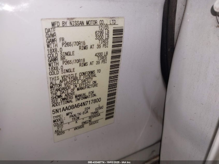 2004 Nissan Pathfinder Armada Se VIN: 5N1AA08A64N717800 Lot: 43348774