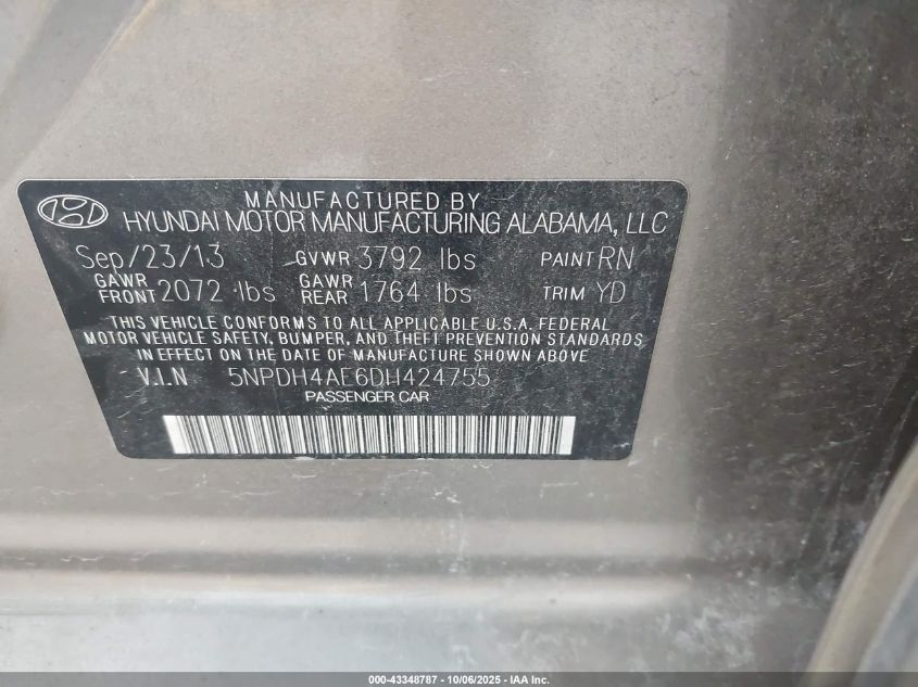 2013 Hyundai Elantra Gls VIN: 5NPDH4AE6DH424755 Lot: 43348787