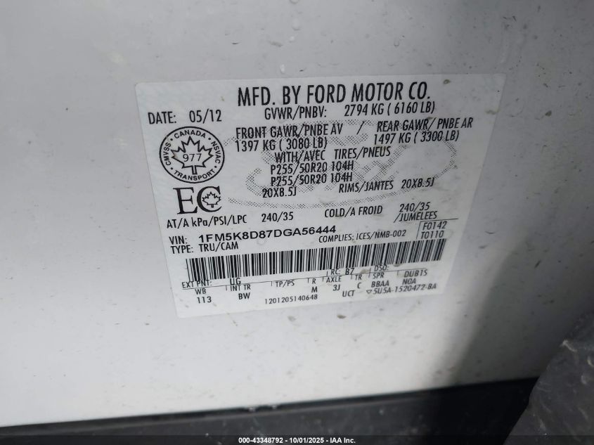 2013 Ford Explorer Xlt VIN: 1FM5K8D87DGA56444 Lot: 43348792