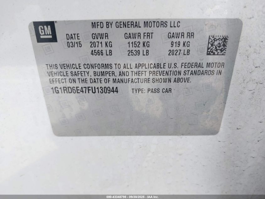 2015 Chevrolet Volt VIN: 1G1RD6E47FU130944 Lot: 43348798