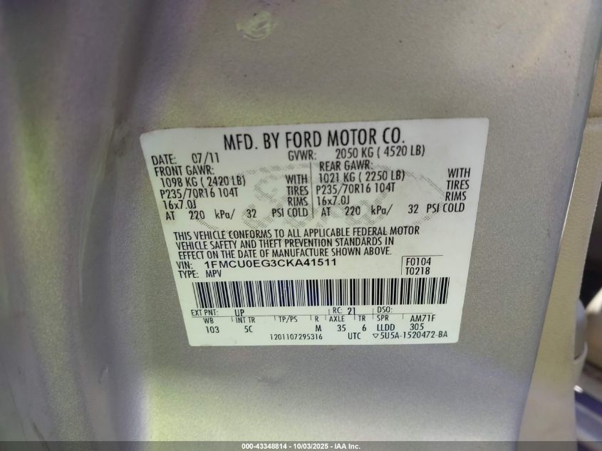 2012 Ford Escape Limited VIN: 1FMCU0EG3CKA41511 Lot: 43348814