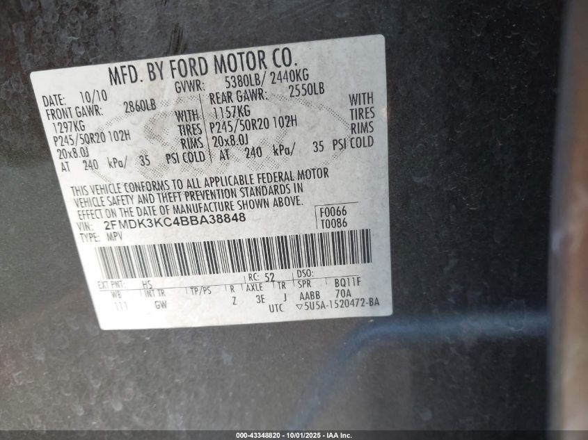 2011 Ford Edge Limited VIN: 2FMDK3KC4BBA38848 Lot: 43348820