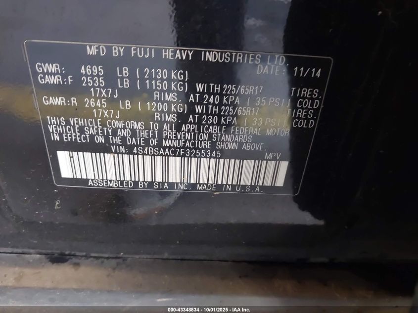 2015 Subaru Outback 2.5I VIN: 4S4BSAAC7F3255345 Lot: 43348834