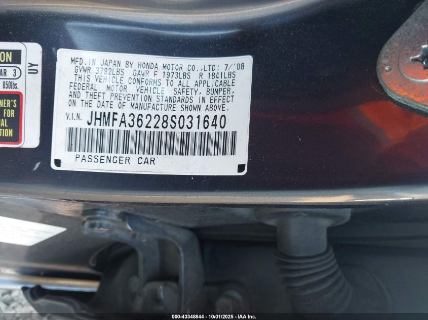 2008 Honda Civic Hybrid VIN: JHMFA36228S031640 Lot: 43348844