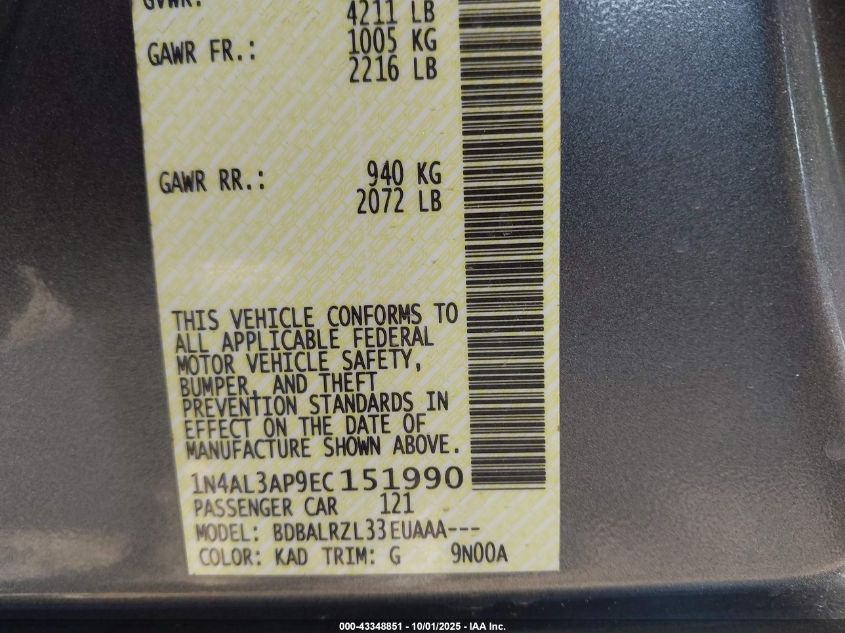 2014 Nissan Altima 2.5 S VIN: 1N4AL3AP9EC151990 Lot: 43348851