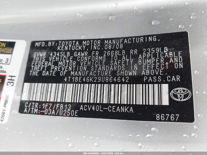 2009 Toyota Camry Le VIN: 4T1BE46K29U864642 Lot: 43348885