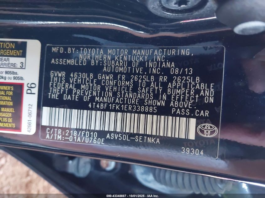 2014 Toyota Camry Le VIN: 4T4BF1FK1ER338885 Lot: 43348887