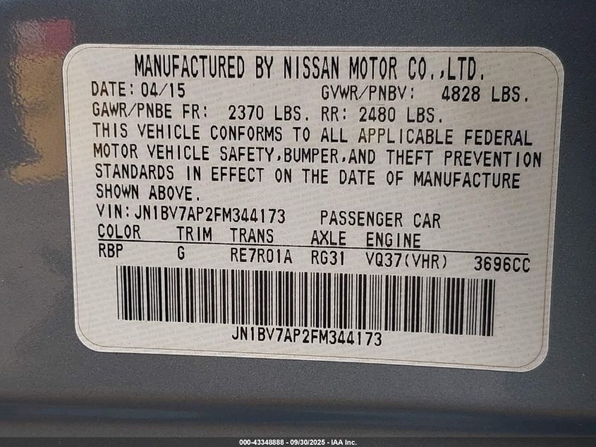 2015 Infiniti Q50 Premium VIN: JN1BV7AP2FM344173 Lot: 43348888