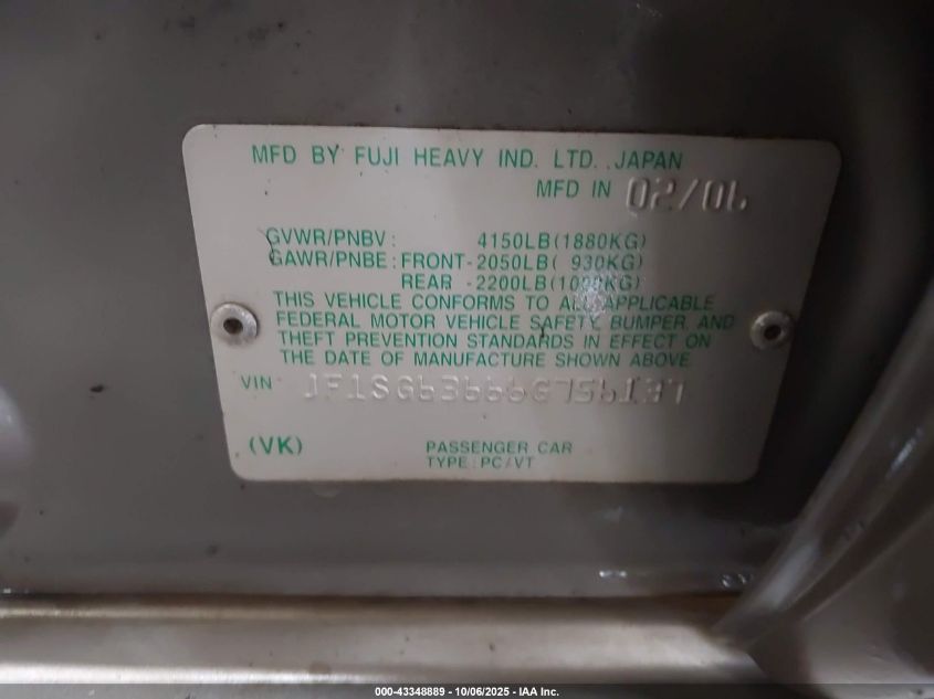 2006 Subaru Forester 2.5X VIN: JF1SG63666G756137 Lot: 43348889