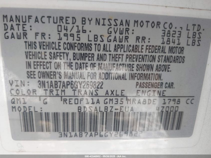 2016 Nissan Sentra S VIN: 3N1AB7AP6GY269822 Lot: 43348902